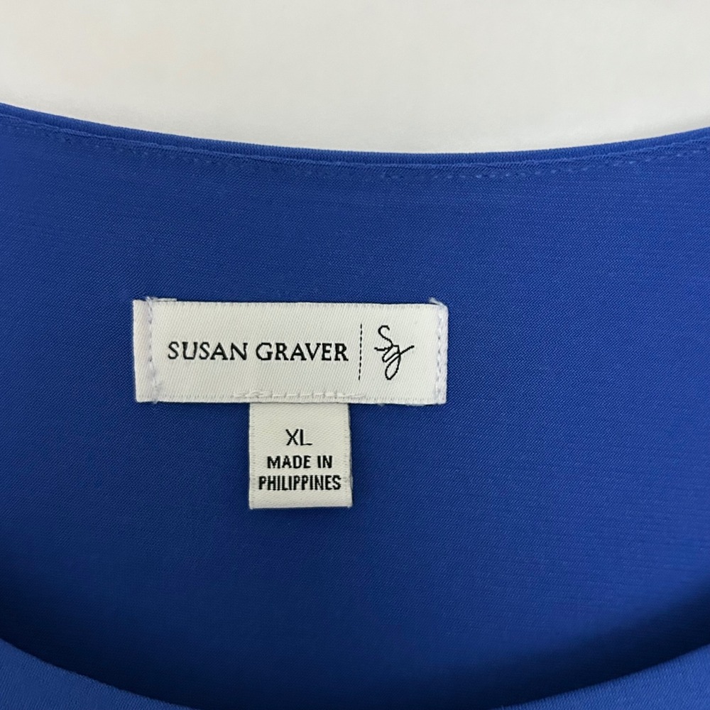 Susan Graver Royal Blue Liquid Knit Tiered Asymmetrical Ruffle Top XL 3/4 Sleeve - Picture 5 of 8